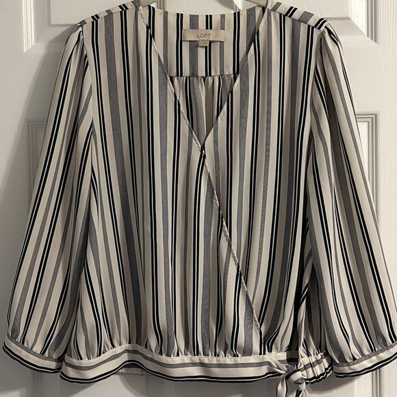 LOFT Tops - Loft Navy and‎ White Stripe Faux Wrap Blouse Top 3/4 Sleeves Size Medium